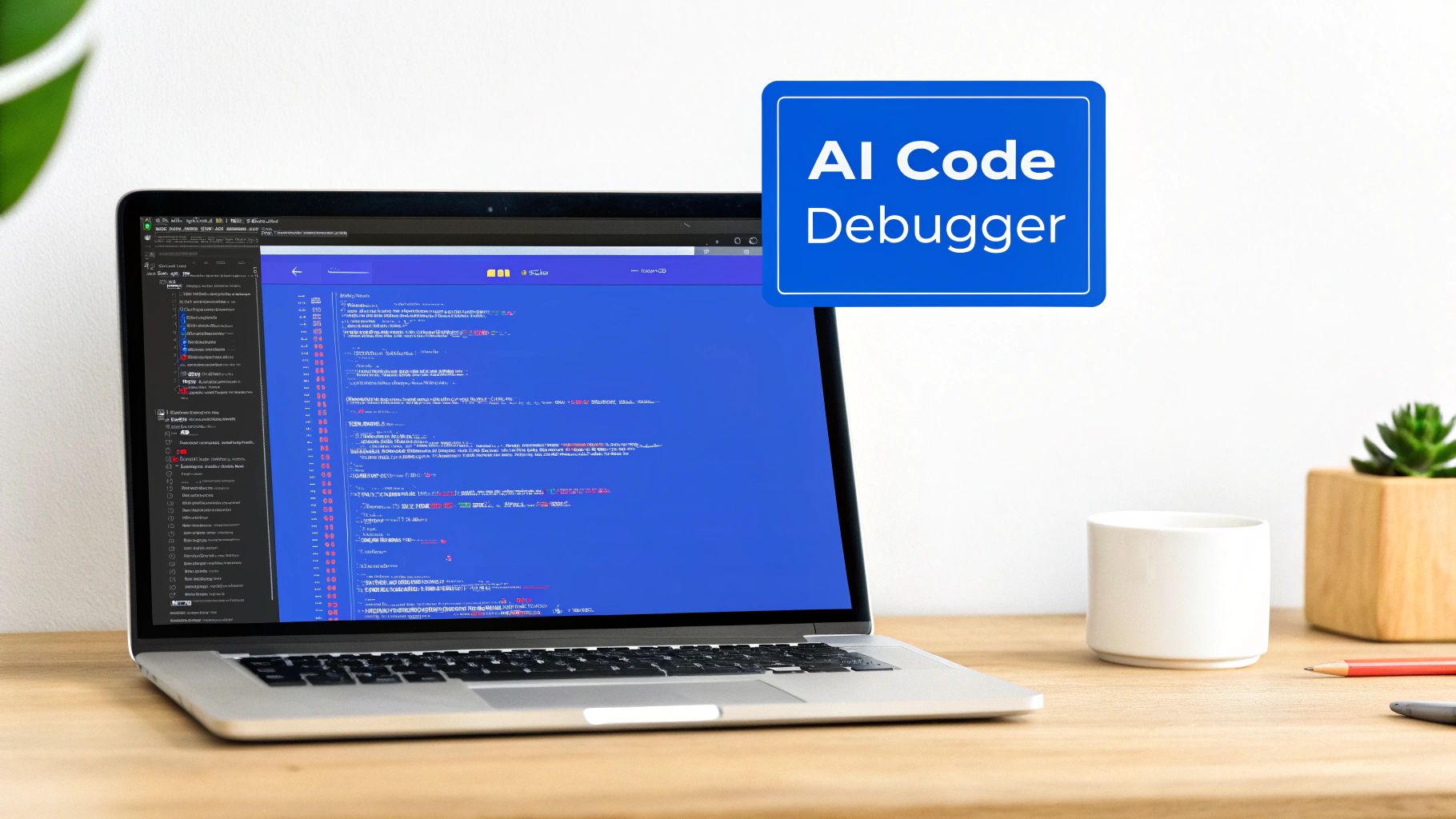 An illustration of a developer interacting with AI code debugging interfaces on a computer screen