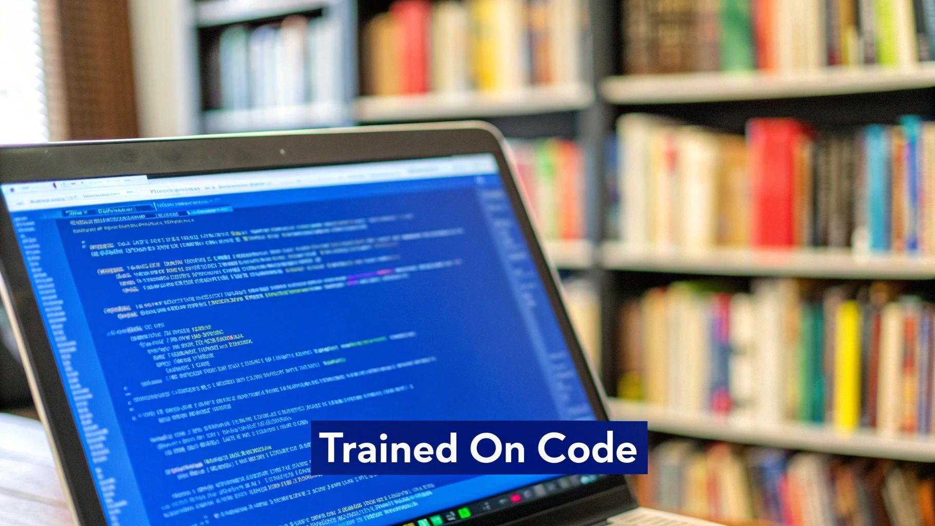 A laptop screen displays lines of code in a blurred library setting with bookshelves.