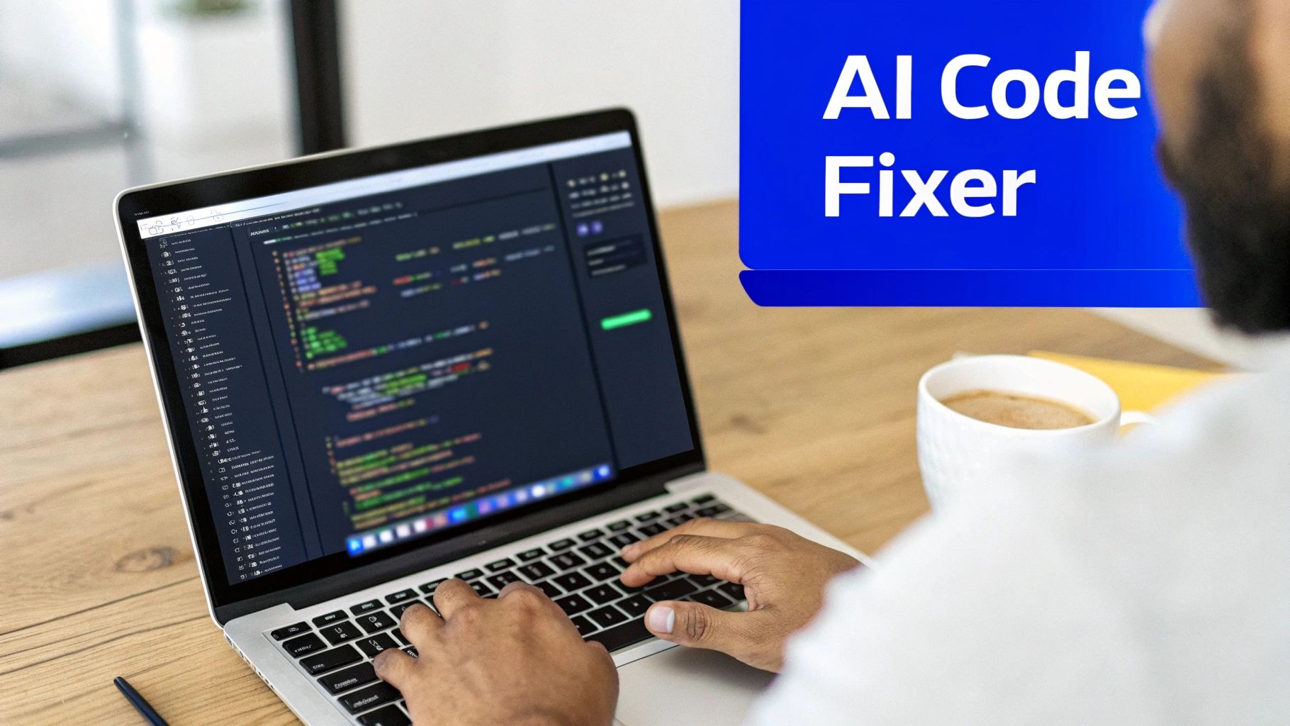 A person coding on a laptop with a dark theme editor, a coffee cup, and an 'AI Code Fixer' banner.