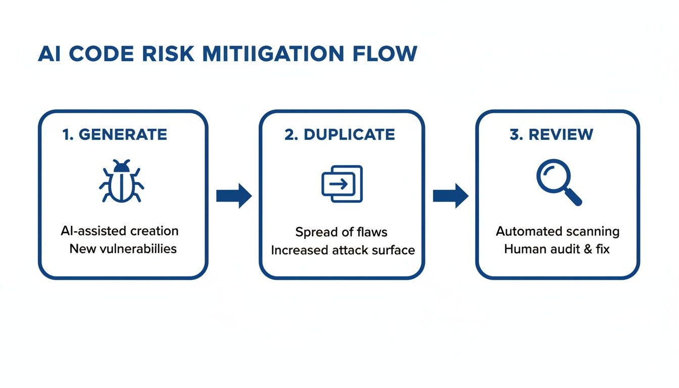 A flowchart illustrates the AI code risk mitigation process, featuring three key steps: Generate, Duplicate, and Review.