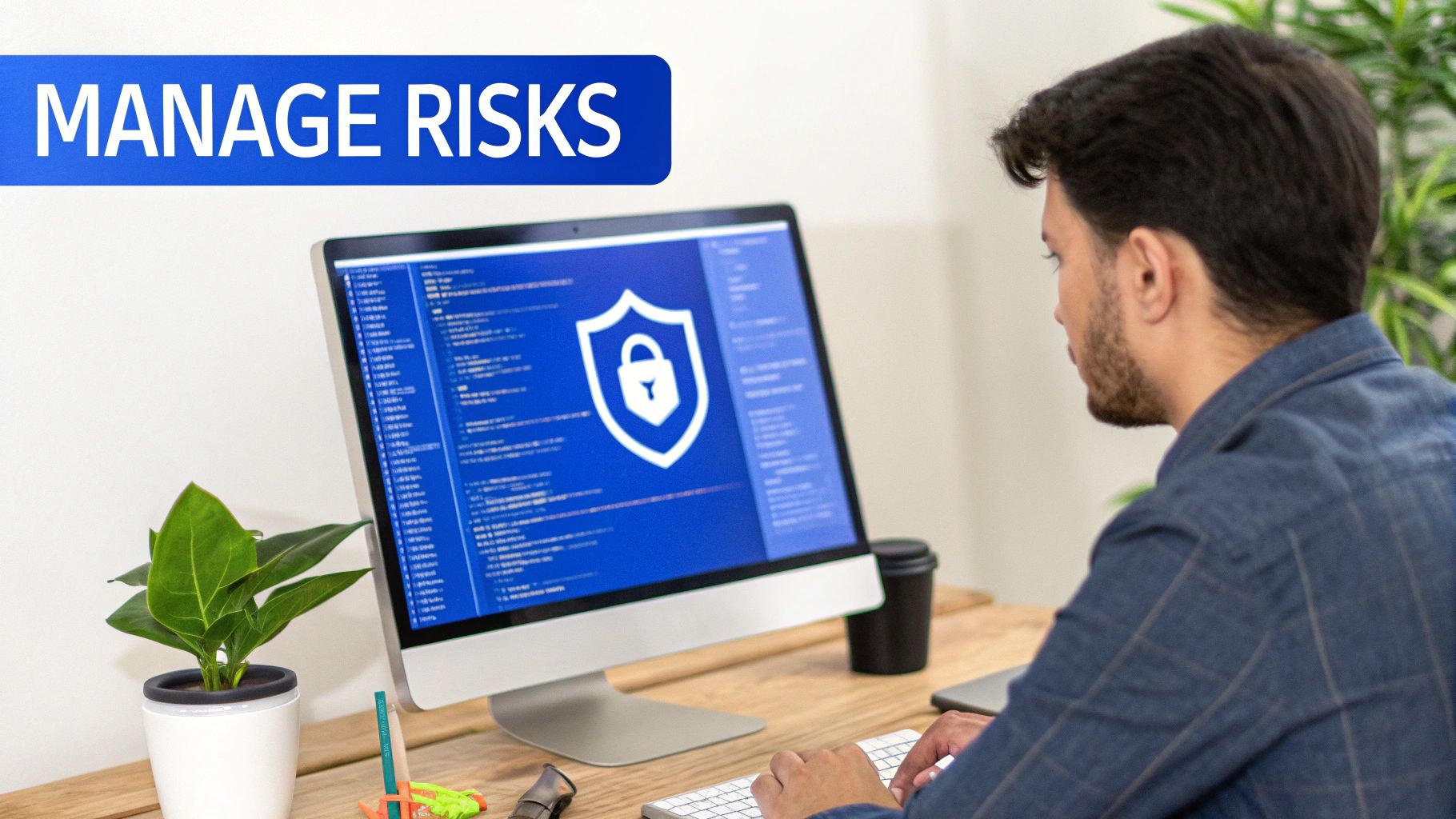 A digital illustration of a shield protecting code from errors and vulnerabilities