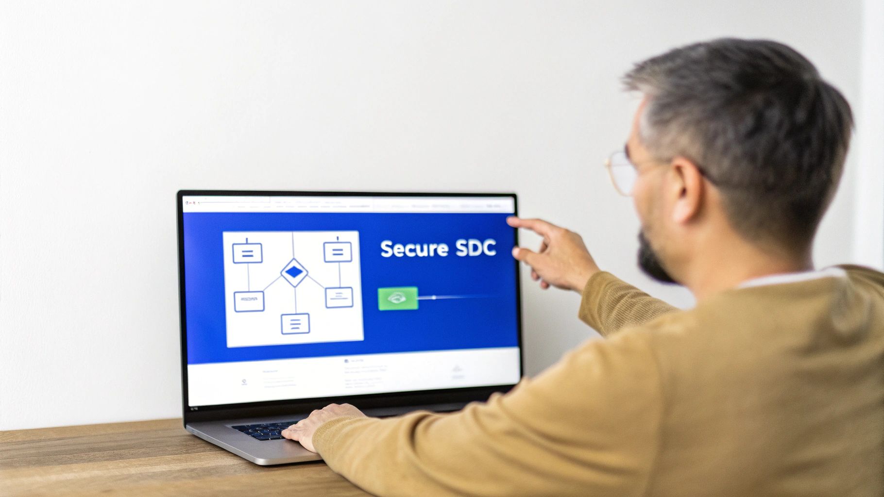 A team of developers collaborating around a screen showing code, with AI-driven suggestions appearing alongside it.