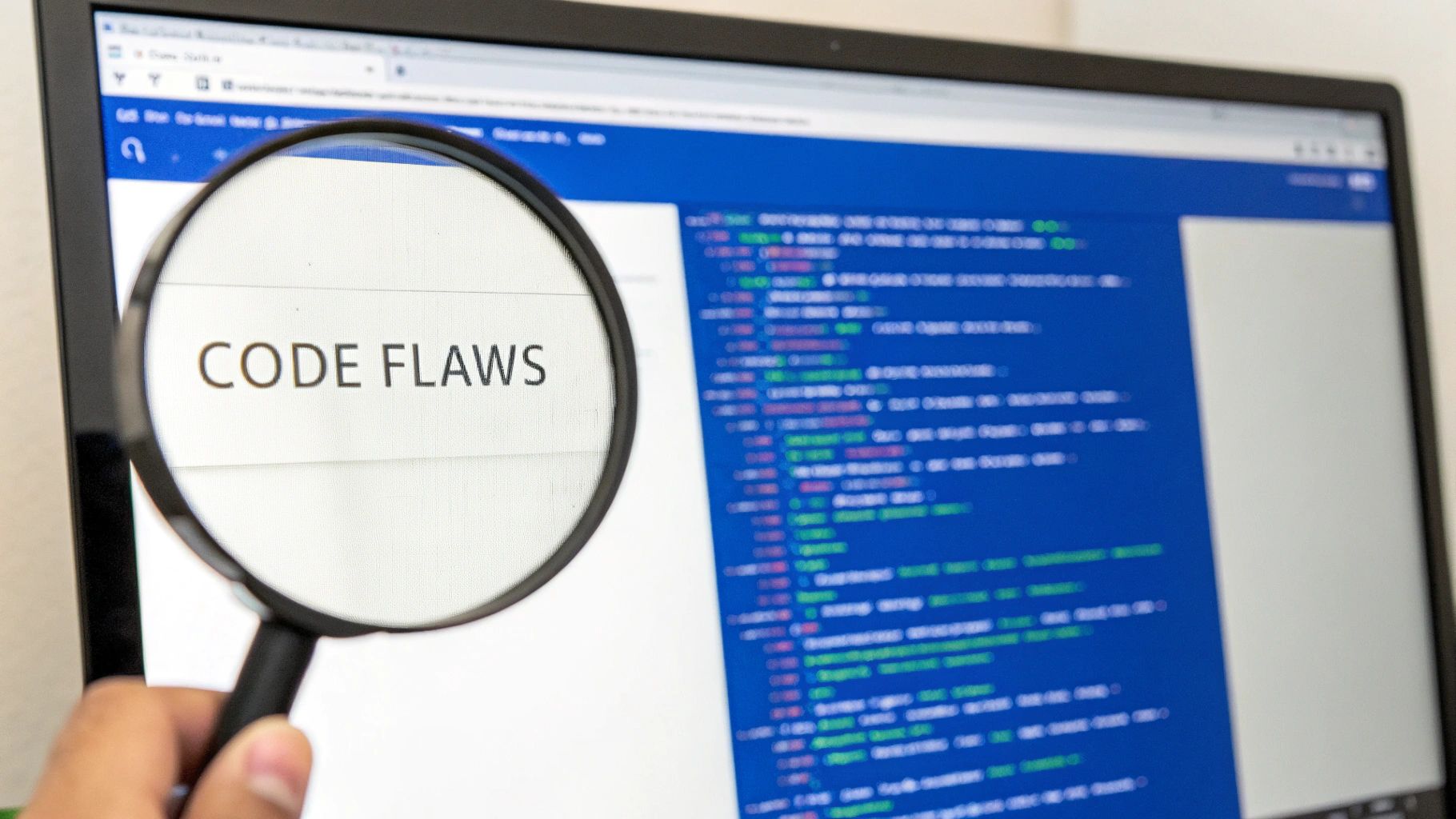 A developer carefully reviewing lines of code on a computer screen with an AI assistant icon nearby.