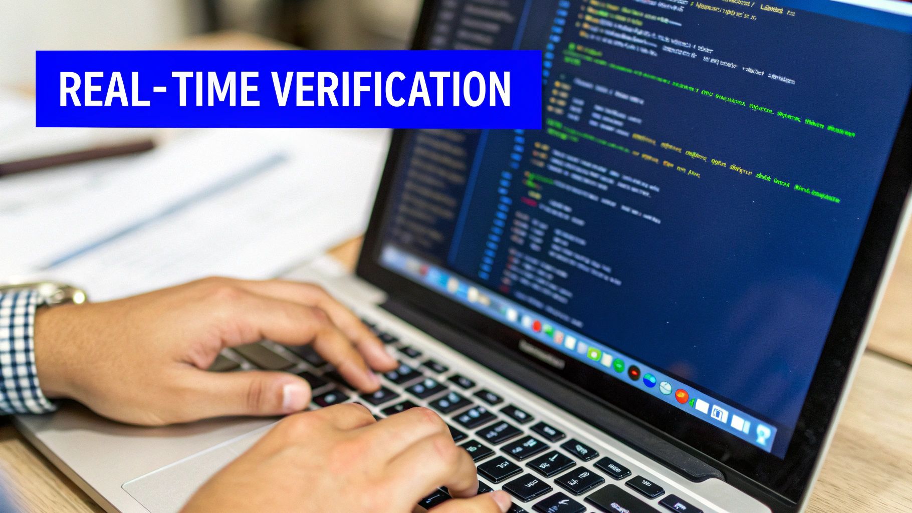 A person's hands typing code on a laptop screen displaying "REAL-TIME VERIFICATION".