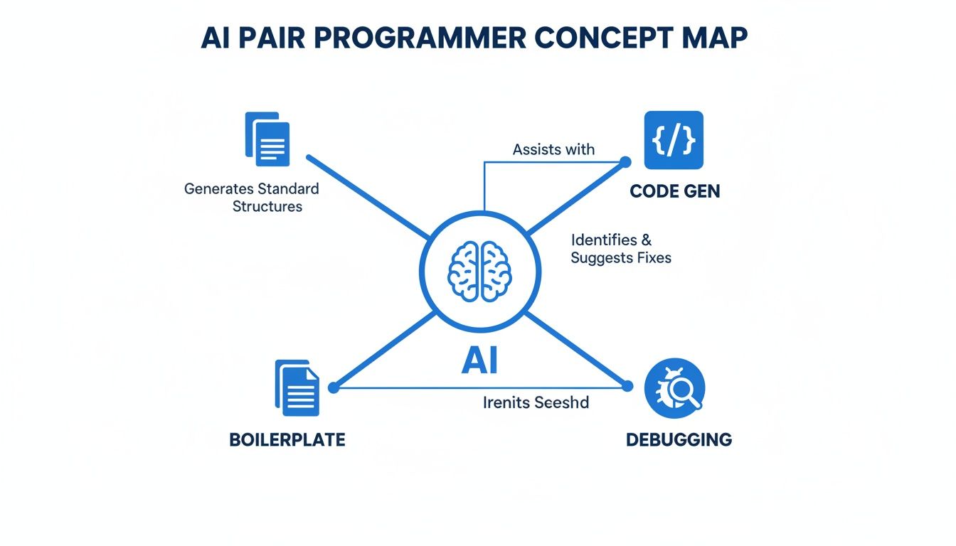 Concept map illustrating AI's role in code generation, debugging, and standard structure generation.