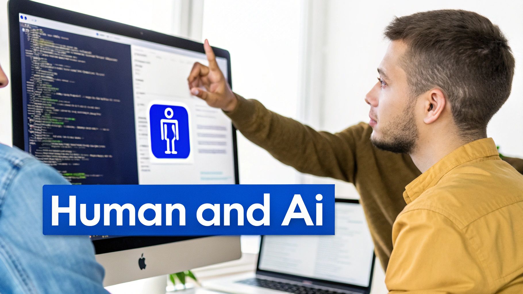 Two developers collaborate, looking at a computer screen displaying code and a 'Human and Ai' interface icon.