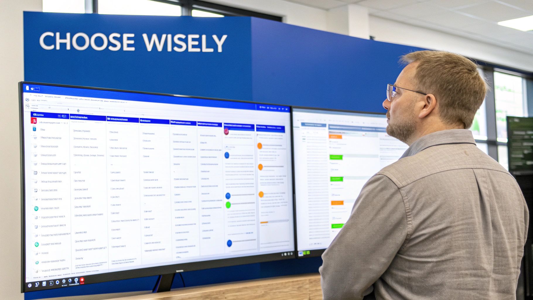 Man thoughtfully views complex data on dual monitors under a 'CHOOSE WISELY' sign.