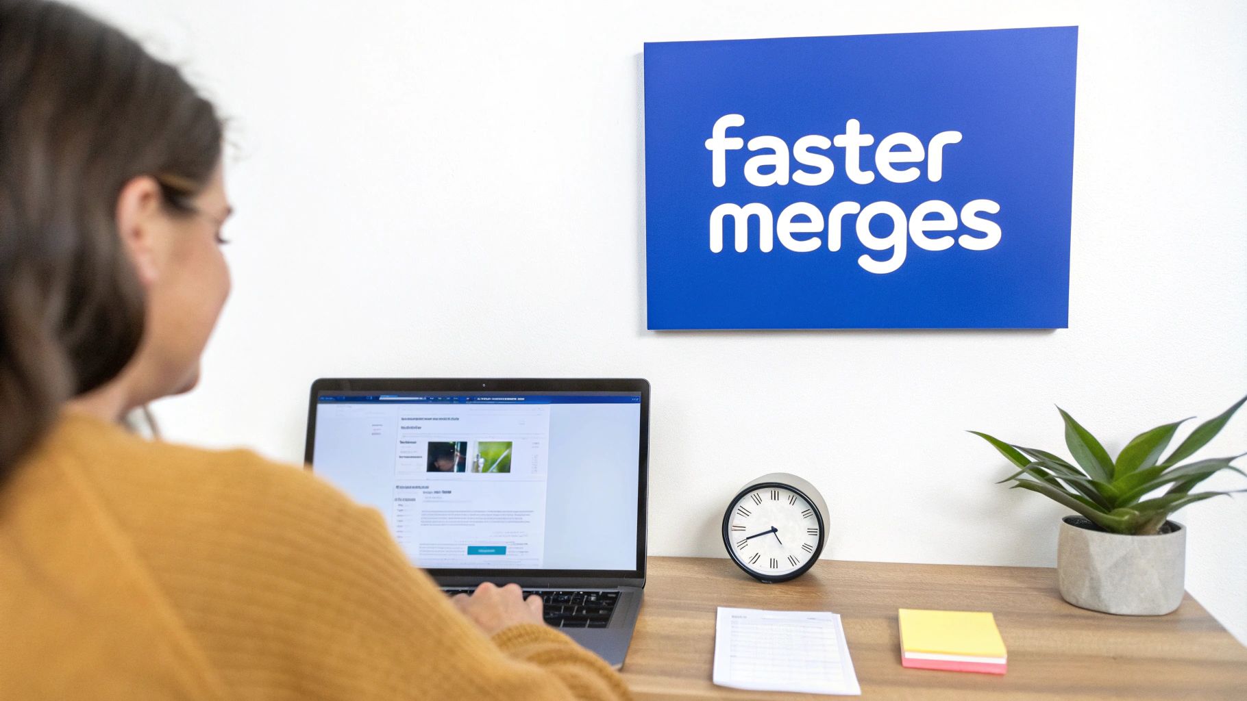 A woman works on a laptop at a desk, with a 'faster merges' sign on the wall.