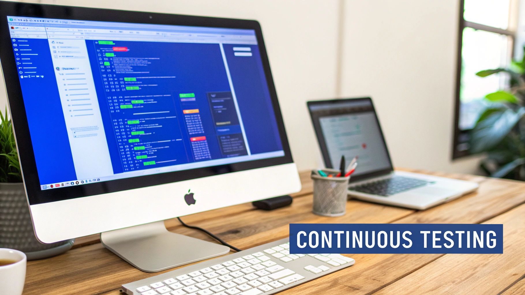 A modern office desk with an iMac displaying code, a laptop, keyboard, and a 'CONTINUOUS TESTING' banner.