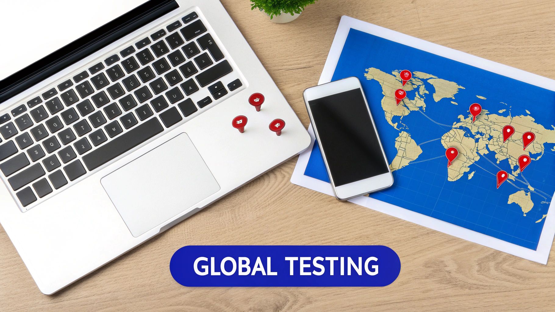 An overhead view of a laptop, smartphone, and a world map with red pins, with 'GLOBAL TESTING' text on a desk.
