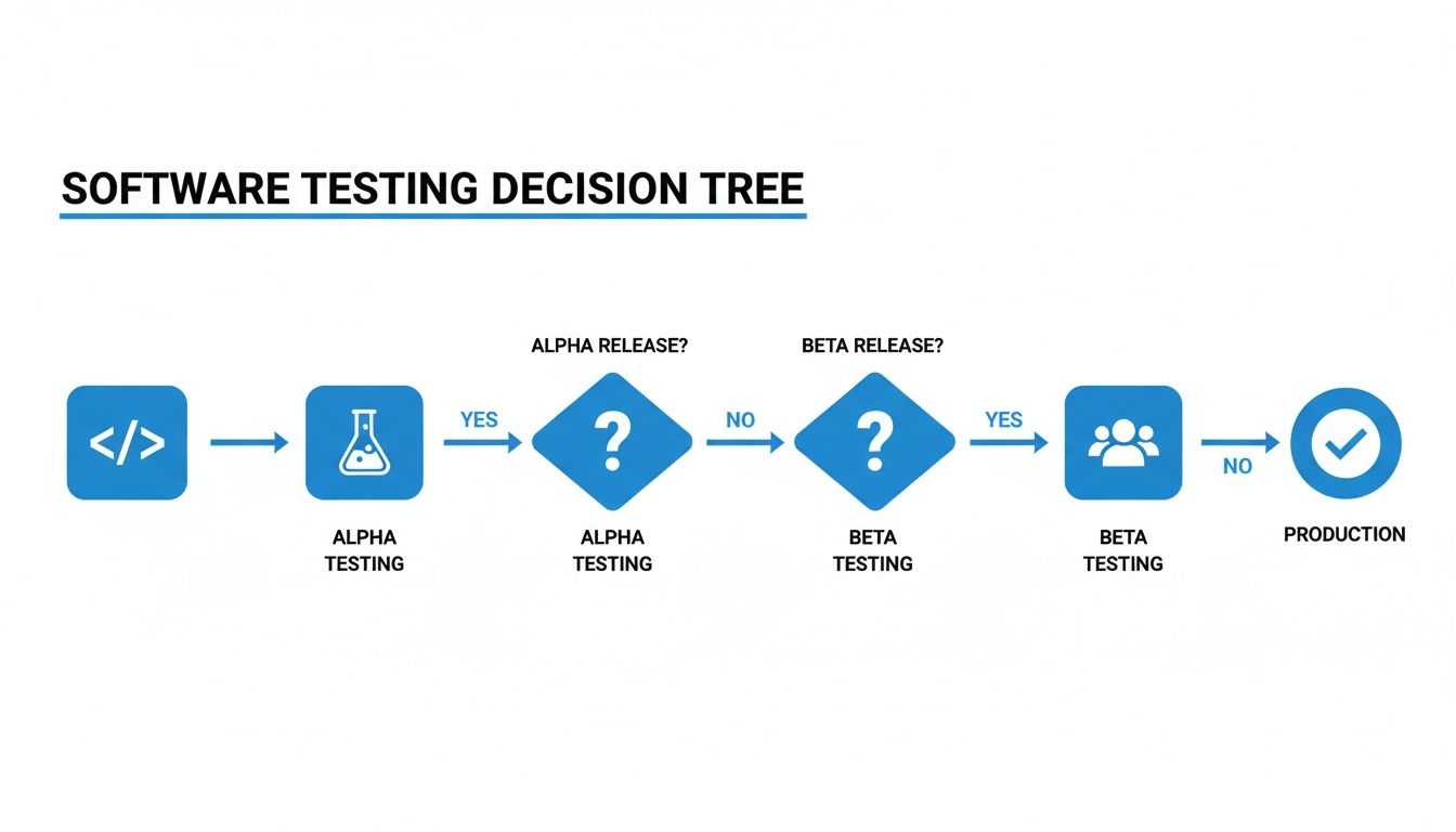 A flowchart illustrating the software testing decision tree, including alpha and beta release stages.