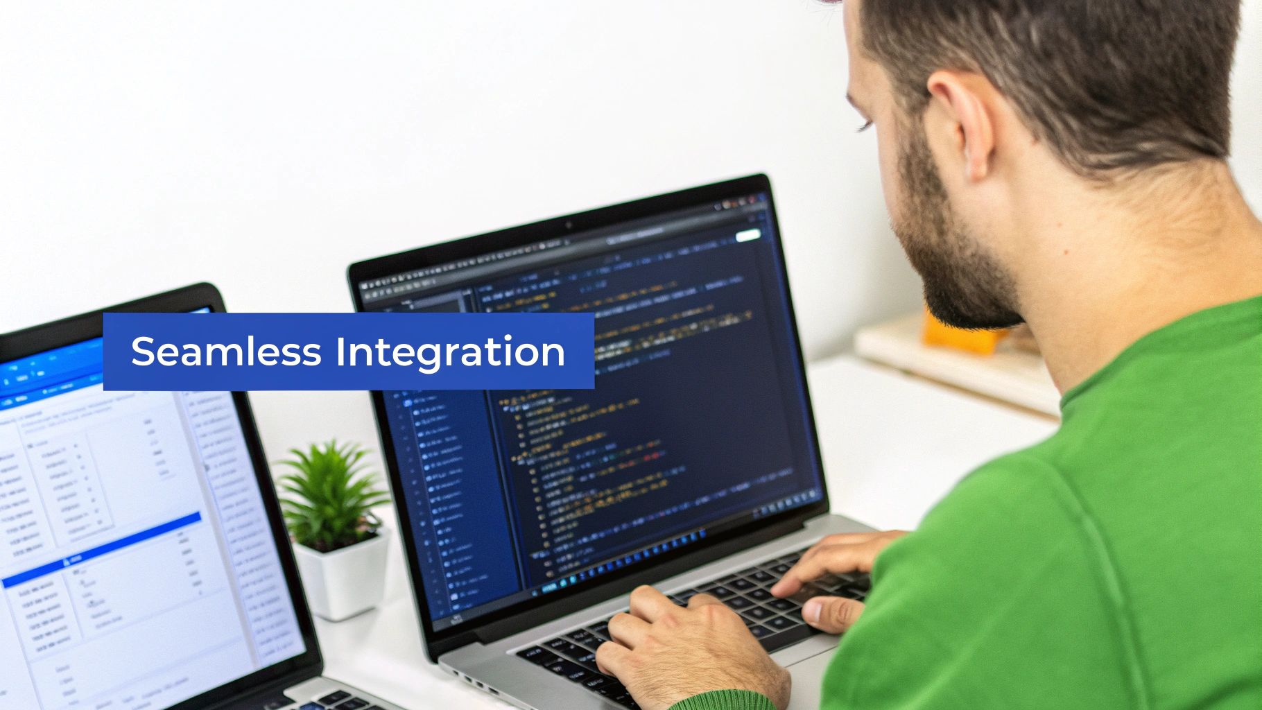 A developer works on a laptop, coding with multiple screens and a plant, indicating seamless integration.