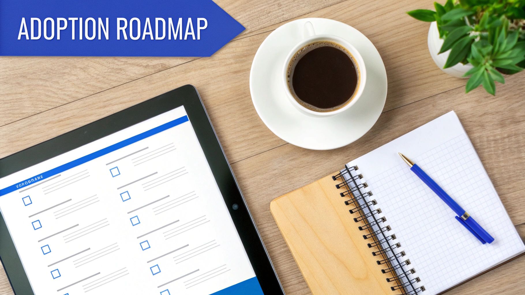 Overhead shot of a workspace with a tablet, coffee, notebook, pen, and 'ADOPTION ROADMAP' banner.