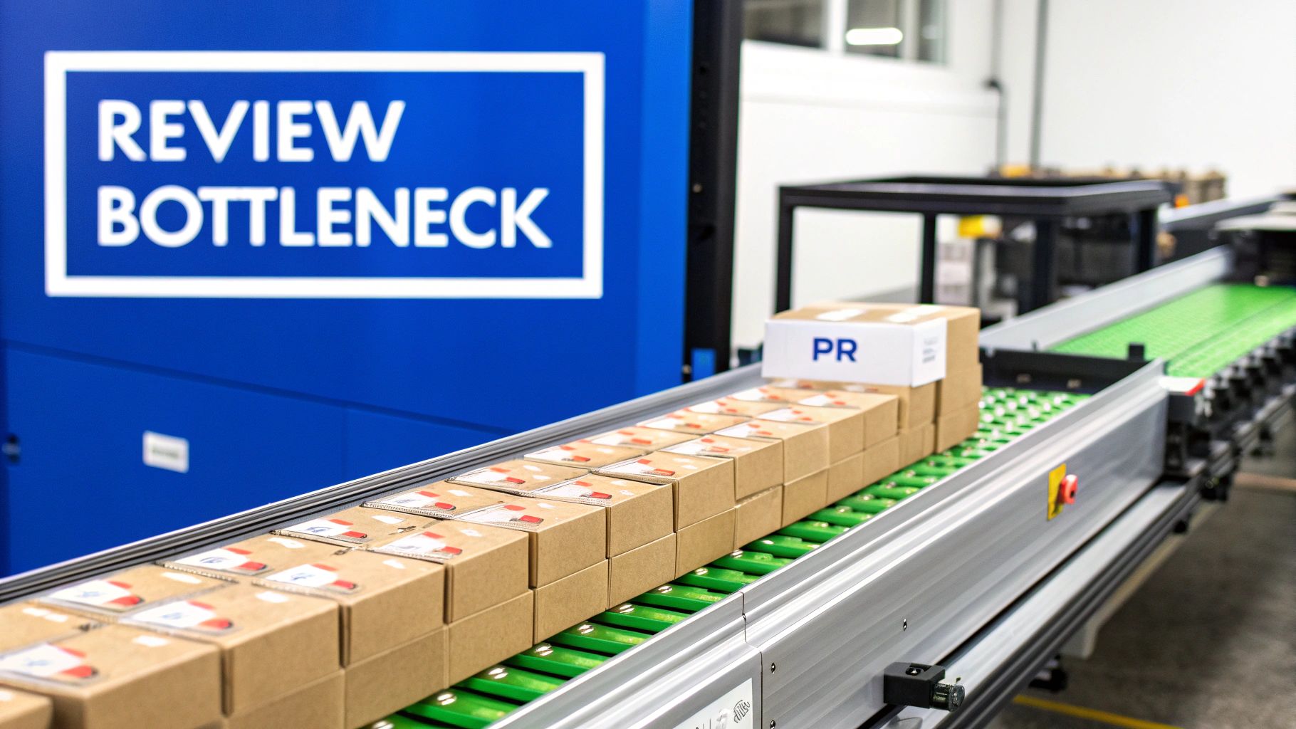 Automated conveyor belt carrying numerous small cardboard boxes past a 'REVIEW BOTTLENECK' sign in a factory.