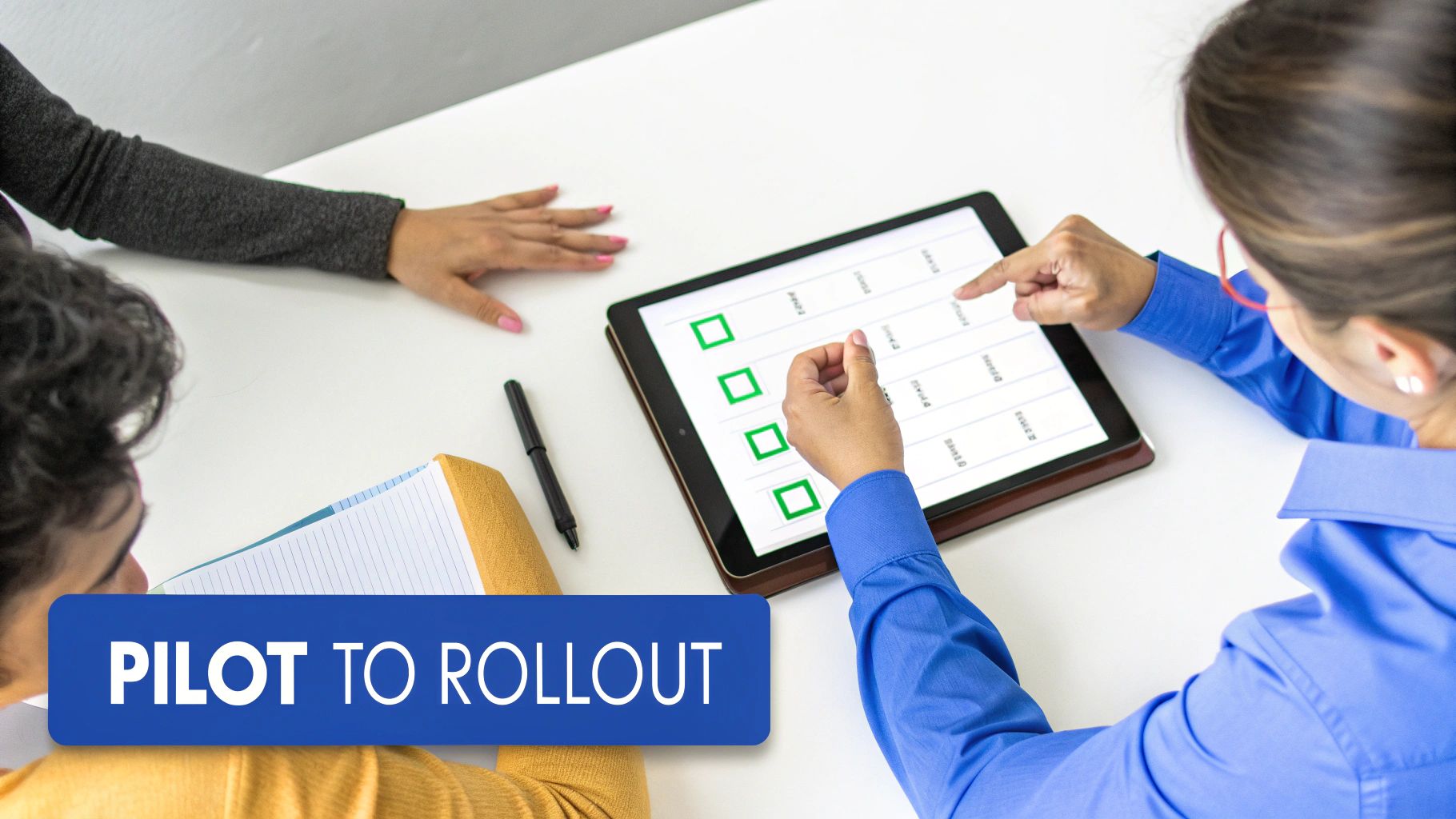 People collaborate around a white table, reviewing digital checklists on a tablet for a project.