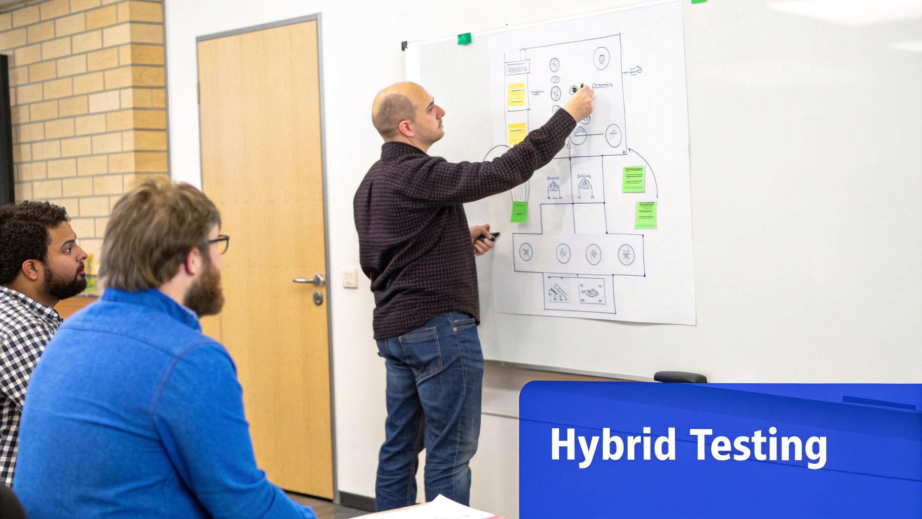 Man explaining a diagram on a whiteboard to two colleagues in a professional setting.