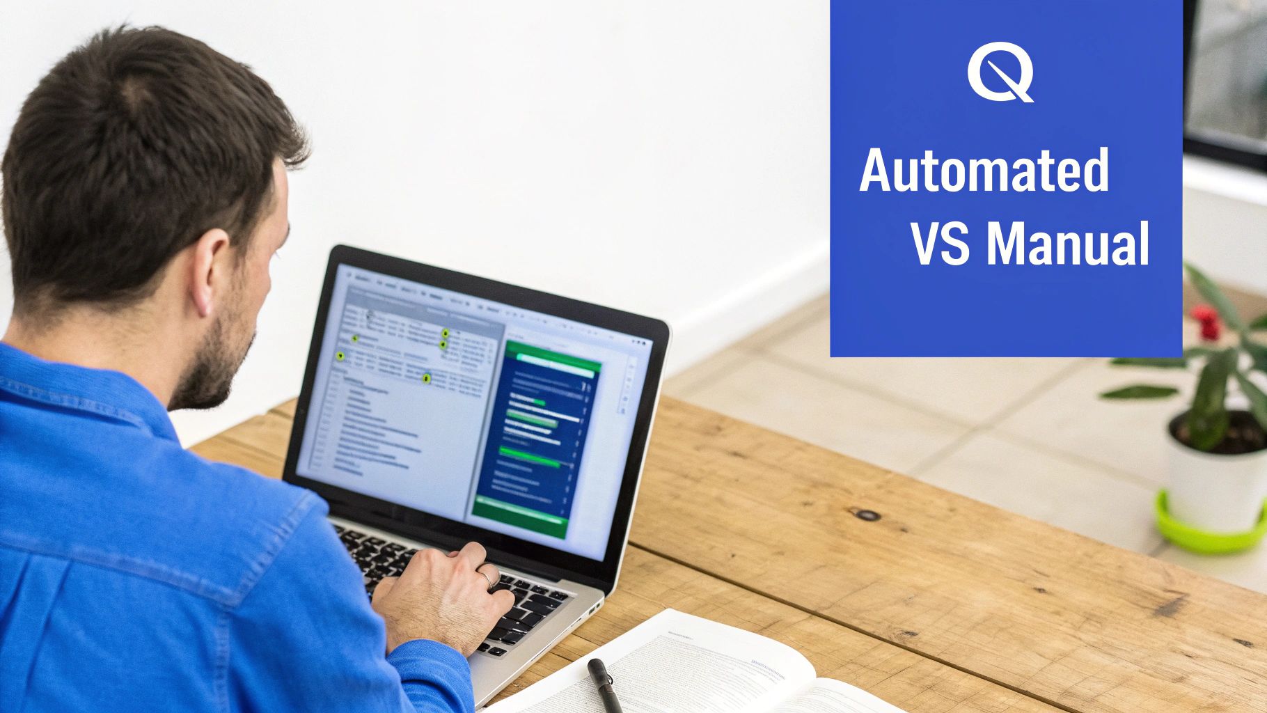 Man working on a laptop with a screen showing code or software testing interface, next to 'Automated VS Manual' sign.