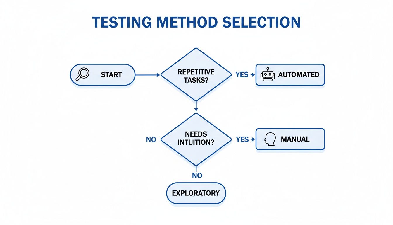 Flowchart for selecting testing methods: automated, manual, or exploratory based on task characteristics.