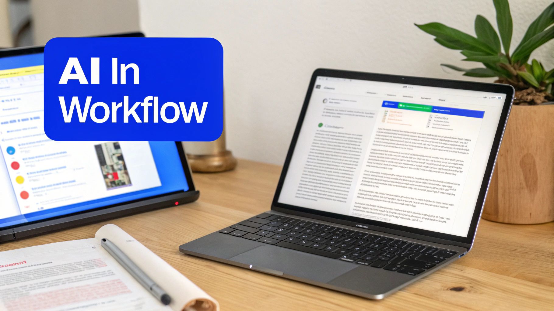Laptops on a desk demonstrating 'AI In Workflow' with a focus on code review processes.