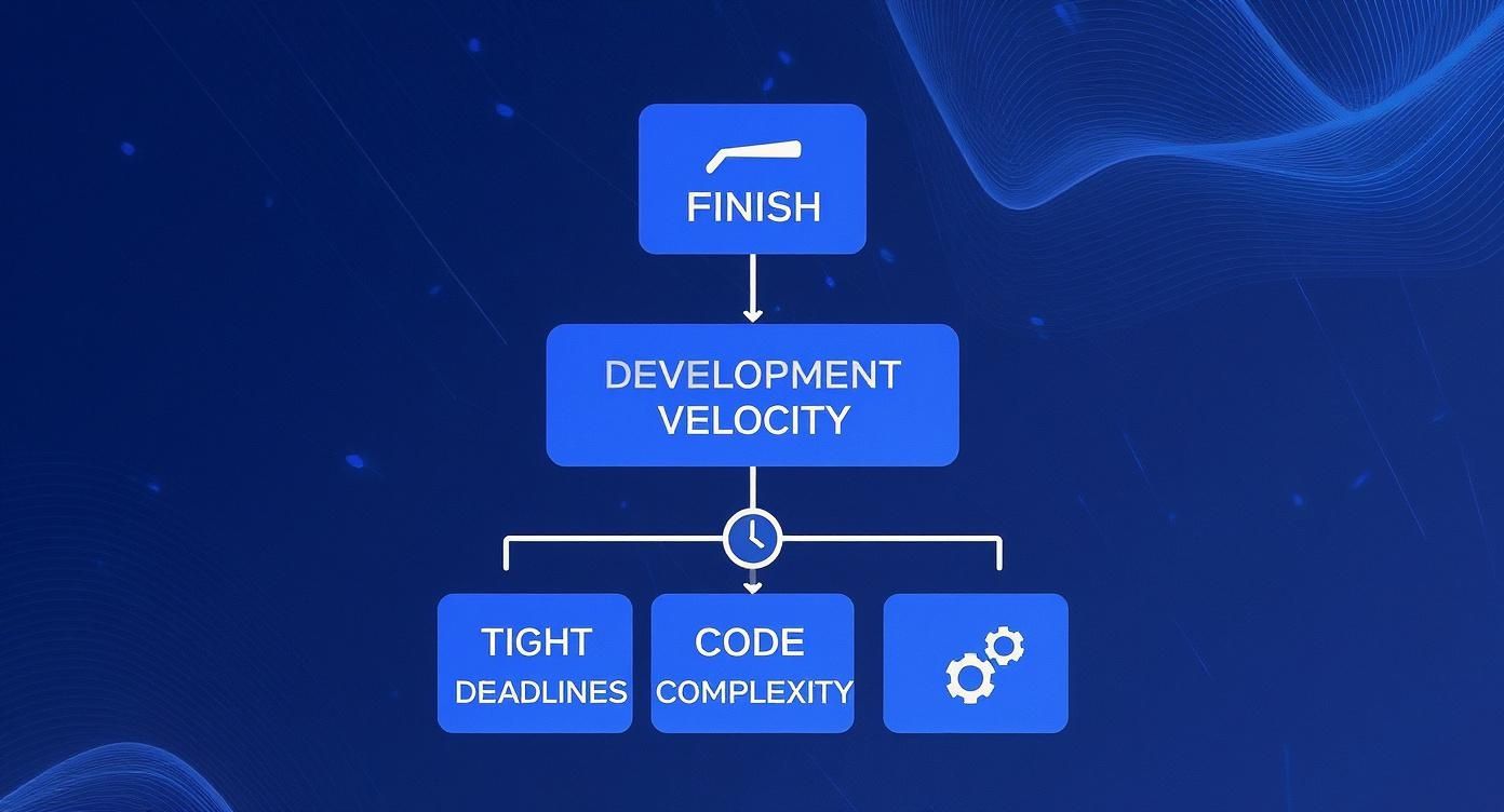 Flowchart illustrating development velocity leading to finish, influenced by tight deadlines, code complexity, and processes.