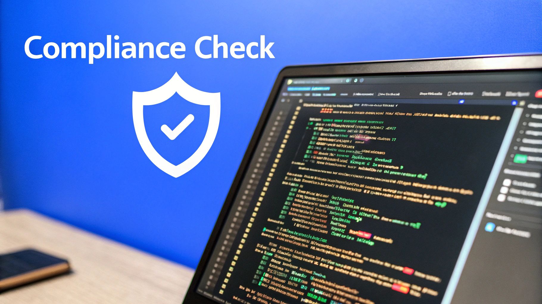 A laptop screen showing code on a blue background with a 'Compliance Check' text and shield icon.