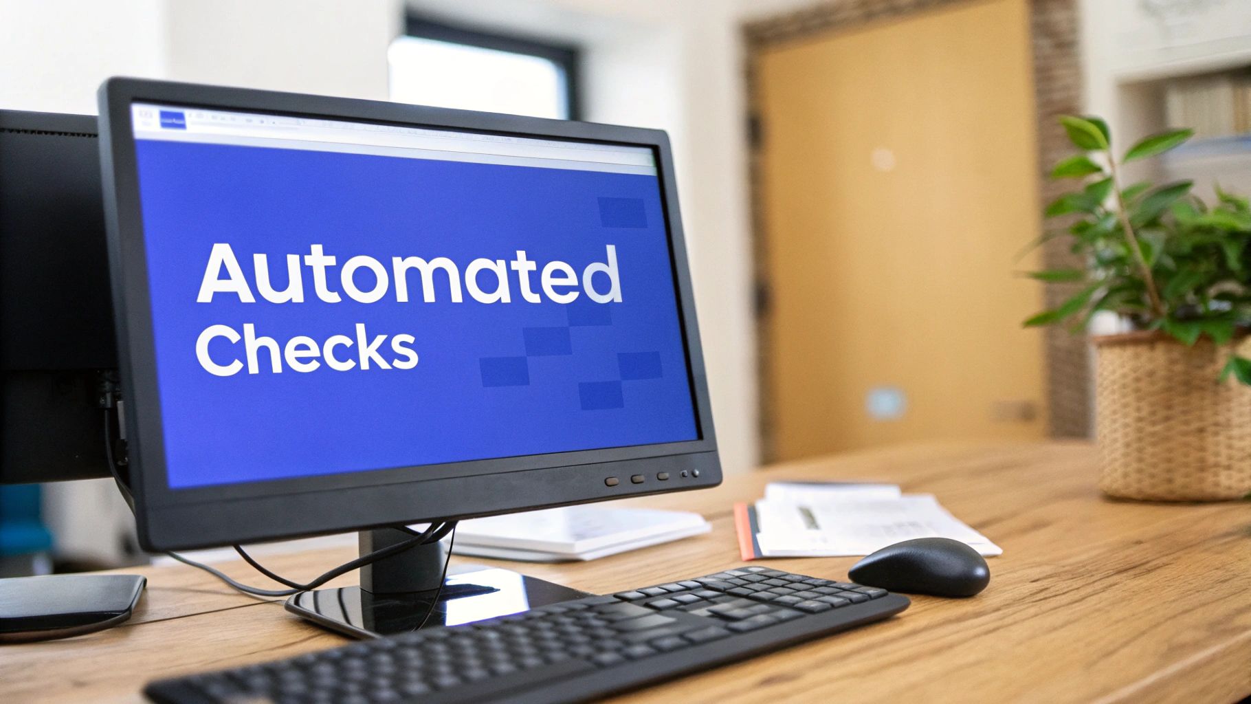 A computer monitor shows 'Automated Checks' on a blue screen on a wooden desk with keyboard and mouse.