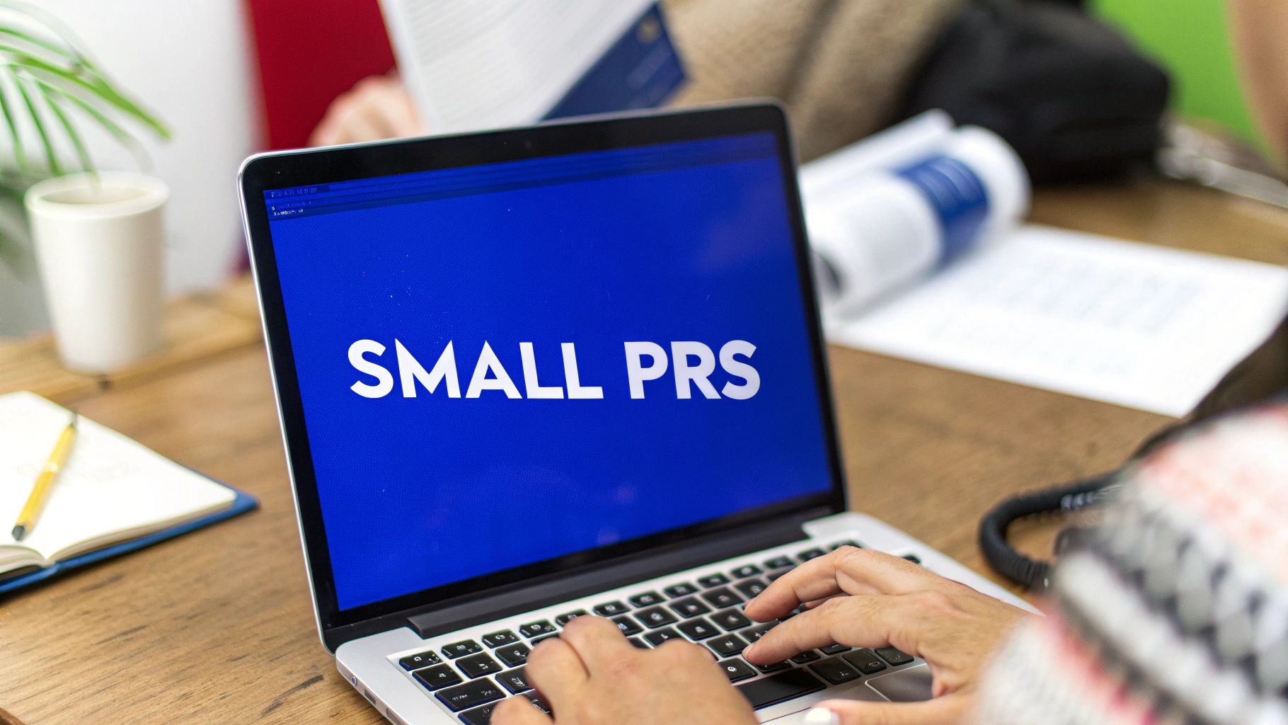 Hands typing on a laptop displaying 'SMALL PRS' on a blue screen at a wooden desk.
