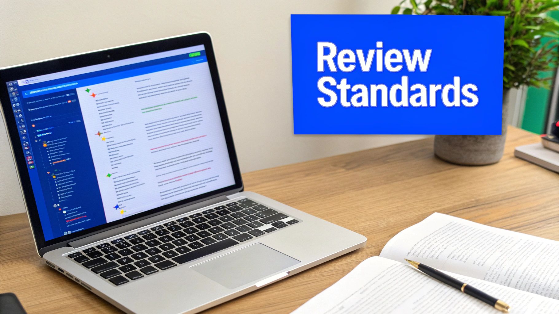 A laptop showing code on a desk with an open book and a 'Review Standards' banner.