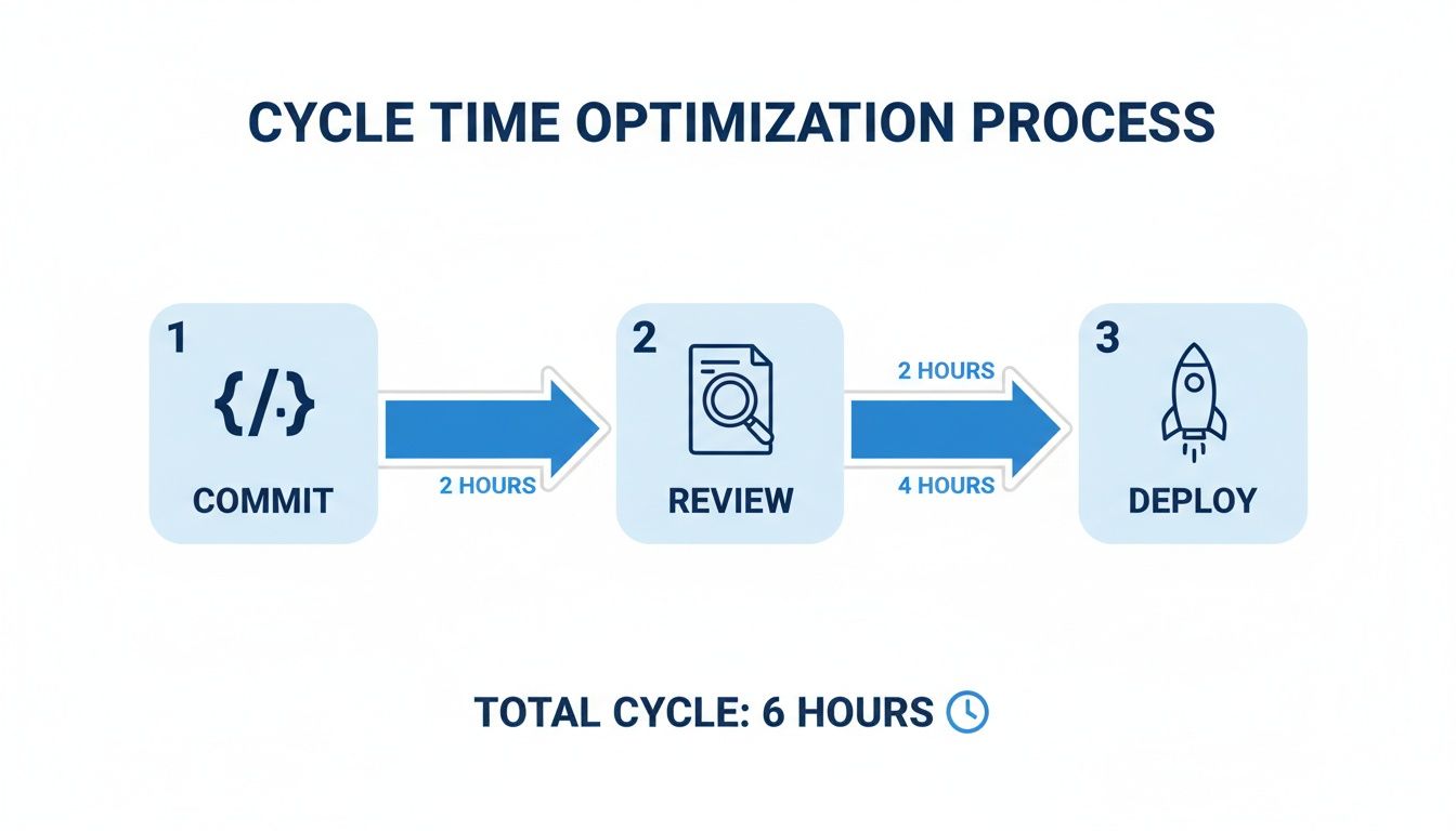 Flowchart detailing a three-step cycle time optimization process: Commit (2h), Review (4h), and Deploy, with a total cycle of 6 hours.