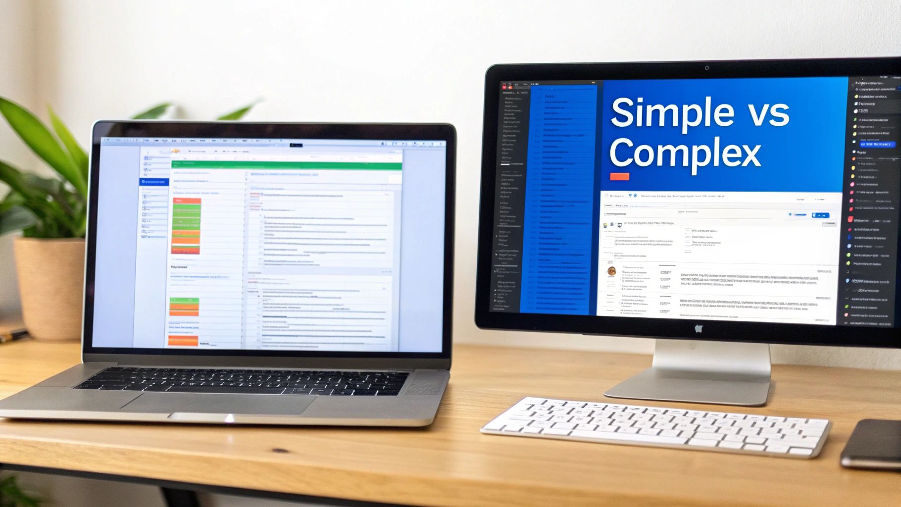 A modern workspace featuring a silver laptop and a desktop monitor displaying software and a presentation.