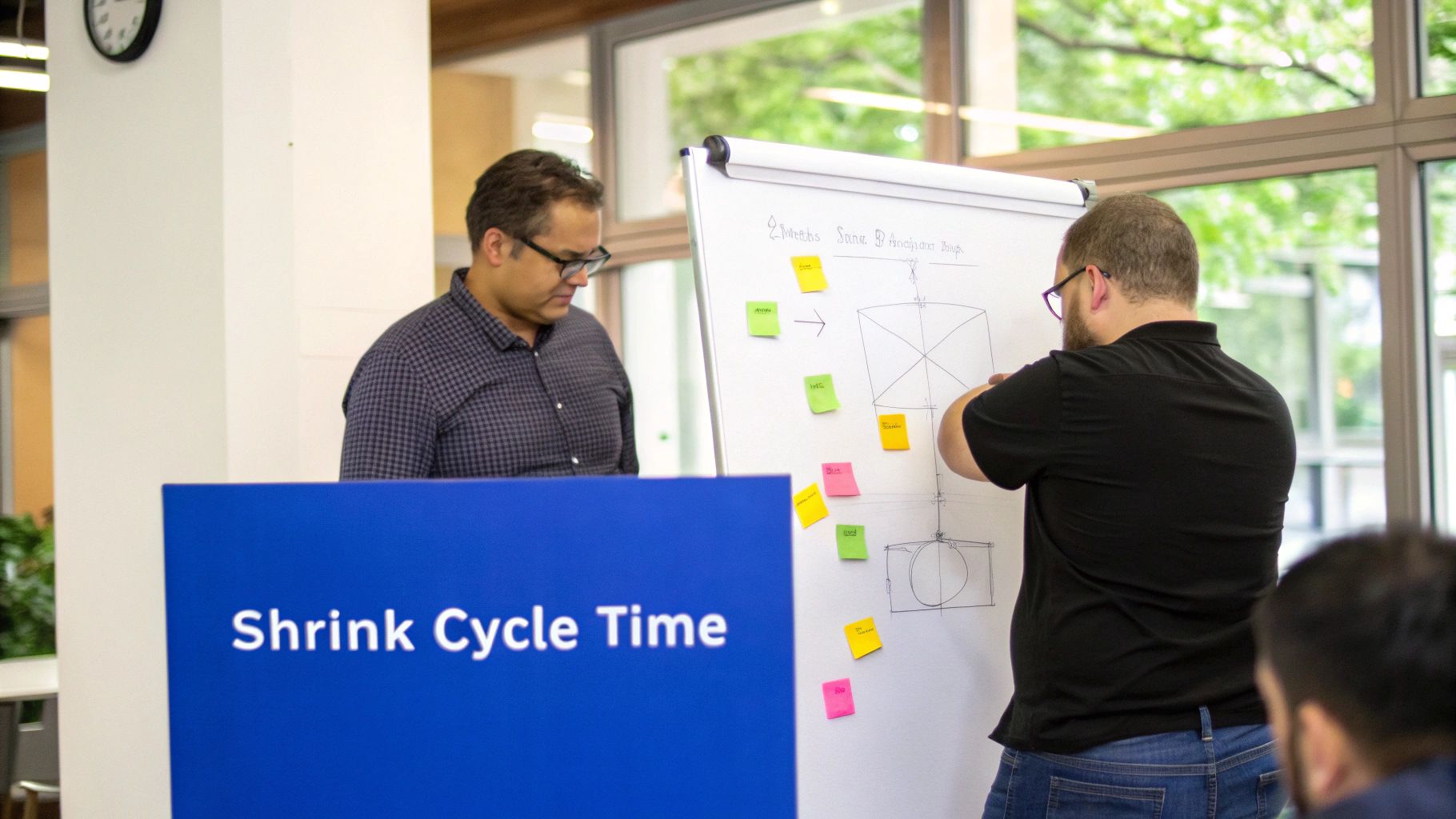 Professionals collaborate on a whiteboard, focusing on 'Shrink Cycle Time' during a business meeting.