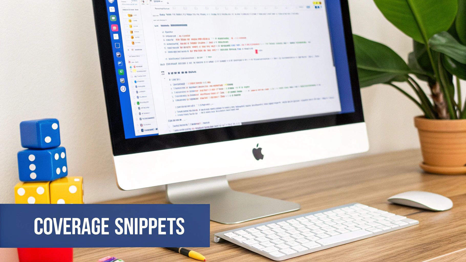 A computer monitor displays code snippets, with a keyboard, mouse, dice, and a plant on a wooden desk.