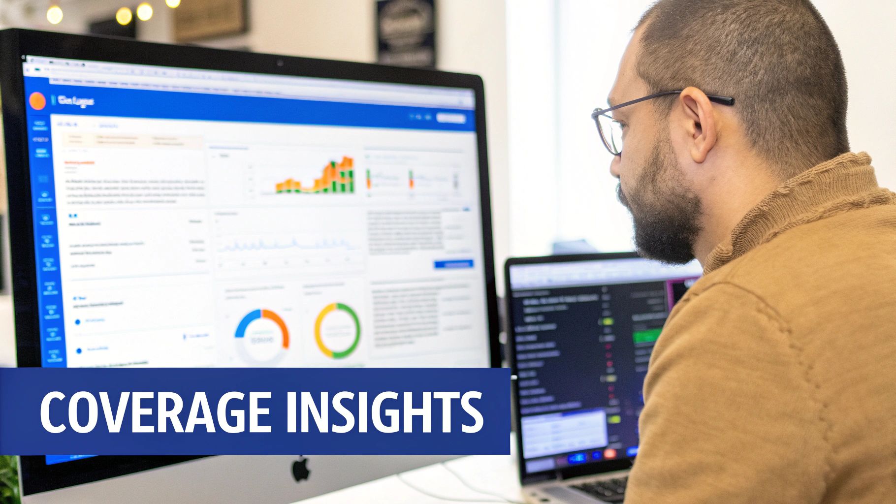 A developer analyzes code and data on multiple screens, displaying a dashboard with 'Coverage Insights' from GitLab.