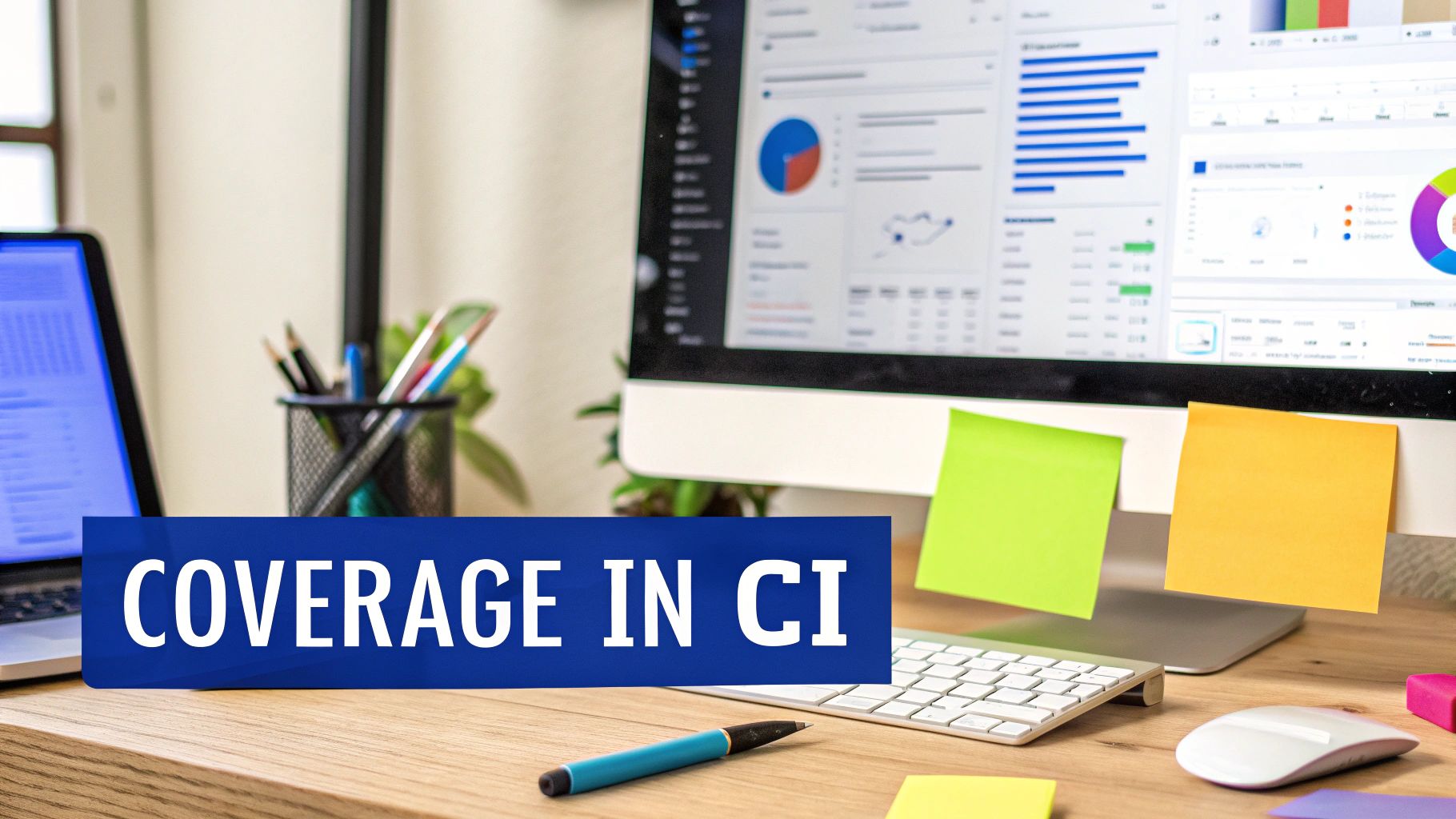 A desk setup with a laptop, monitor showing data dashboards, and a 'COVERAGE IN CI' banner.