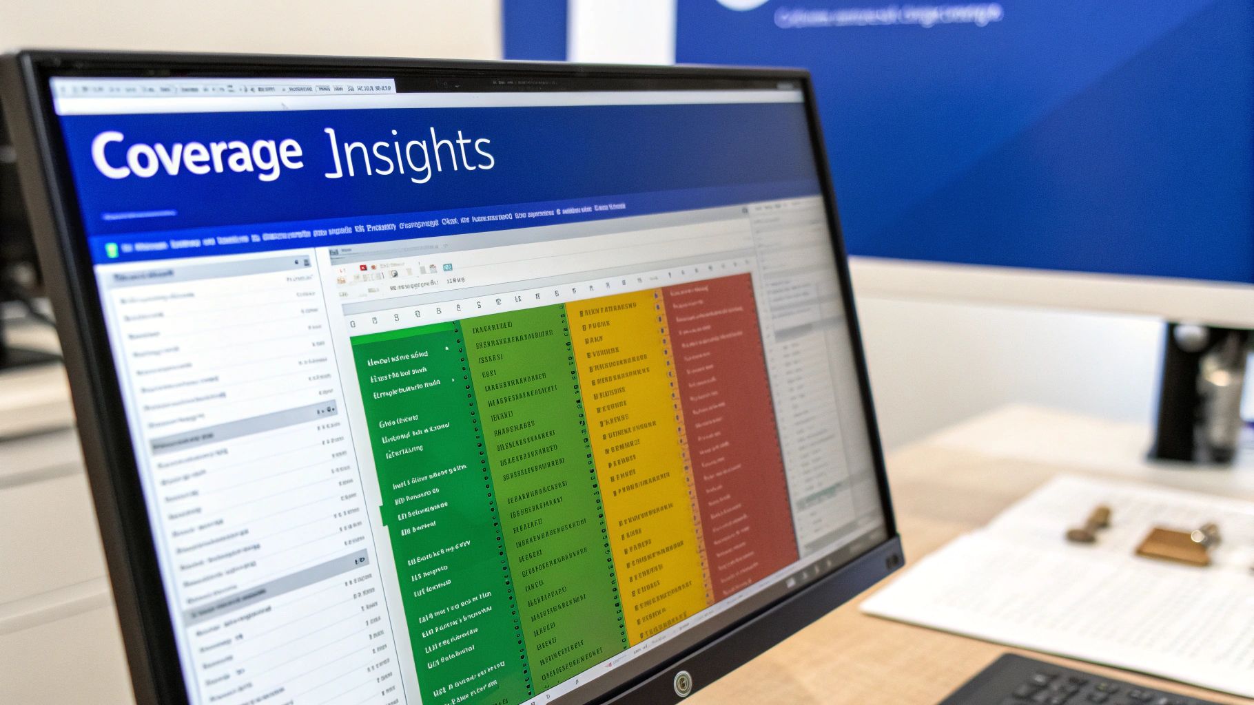A computer monitor displays 'Coverage Insights' software with detailed data in green, yellow, and red columns.
