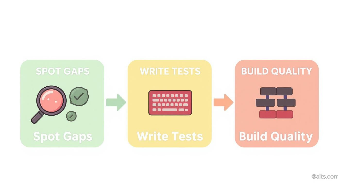A flowchart showing three steps: Spot Gaps (magnifying glass), Write Tests (keyboard), and Build Quality (stacked blocks).