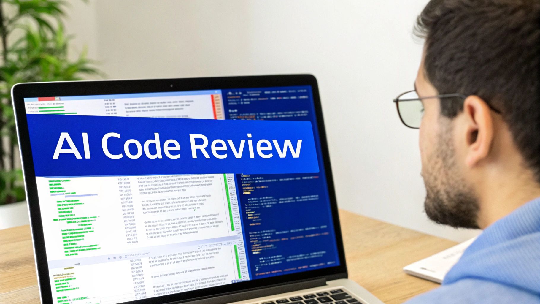 A person views a laptop screen displaying 'AI Code Review' and lines of code, focusing intently.