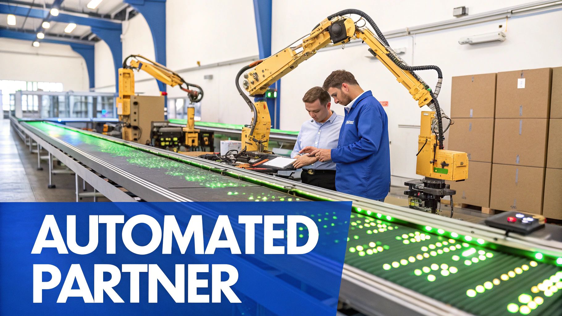 Two engineers discuss data on a tablet next to automated robots and a glowing conveyor belt.