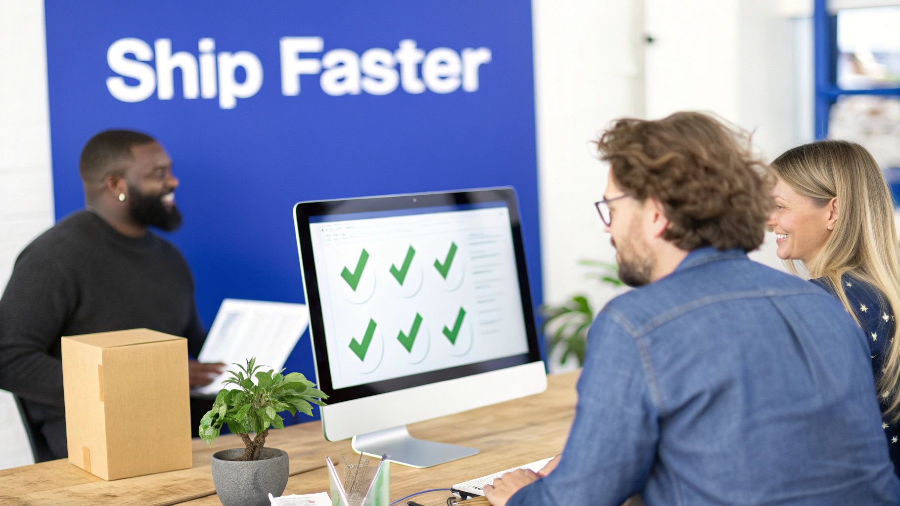 Three diverse colleagues in an office, viewing a computer screen with checkmarks and a 'Ship Faster' sign.