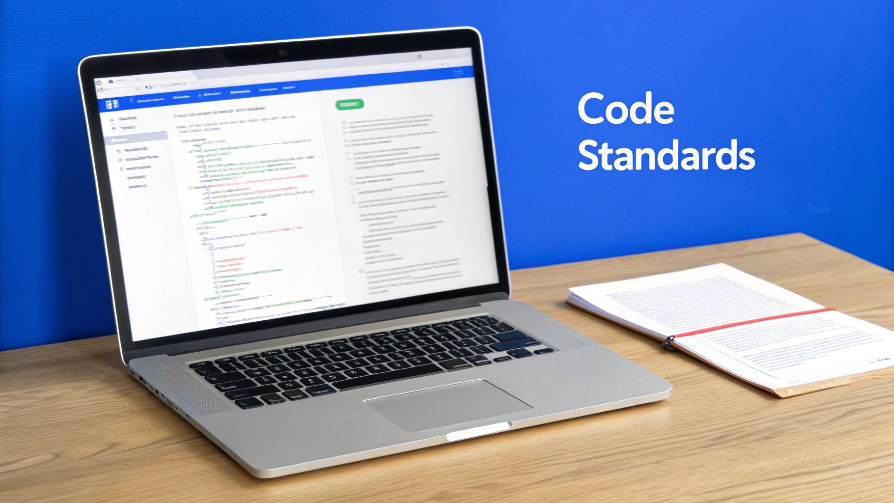 A laptop screen displays code standards, with a physical document on code standards beside it.