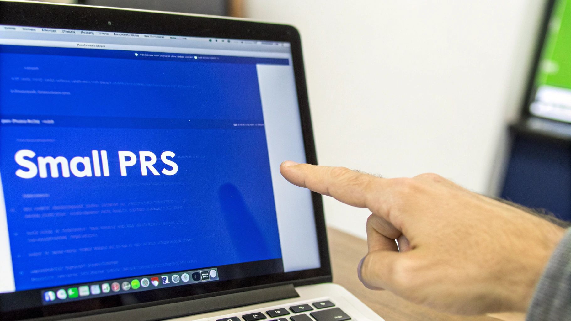 A hand points at a laptop screen displaying 'Small PRS' in white text on a blue background.