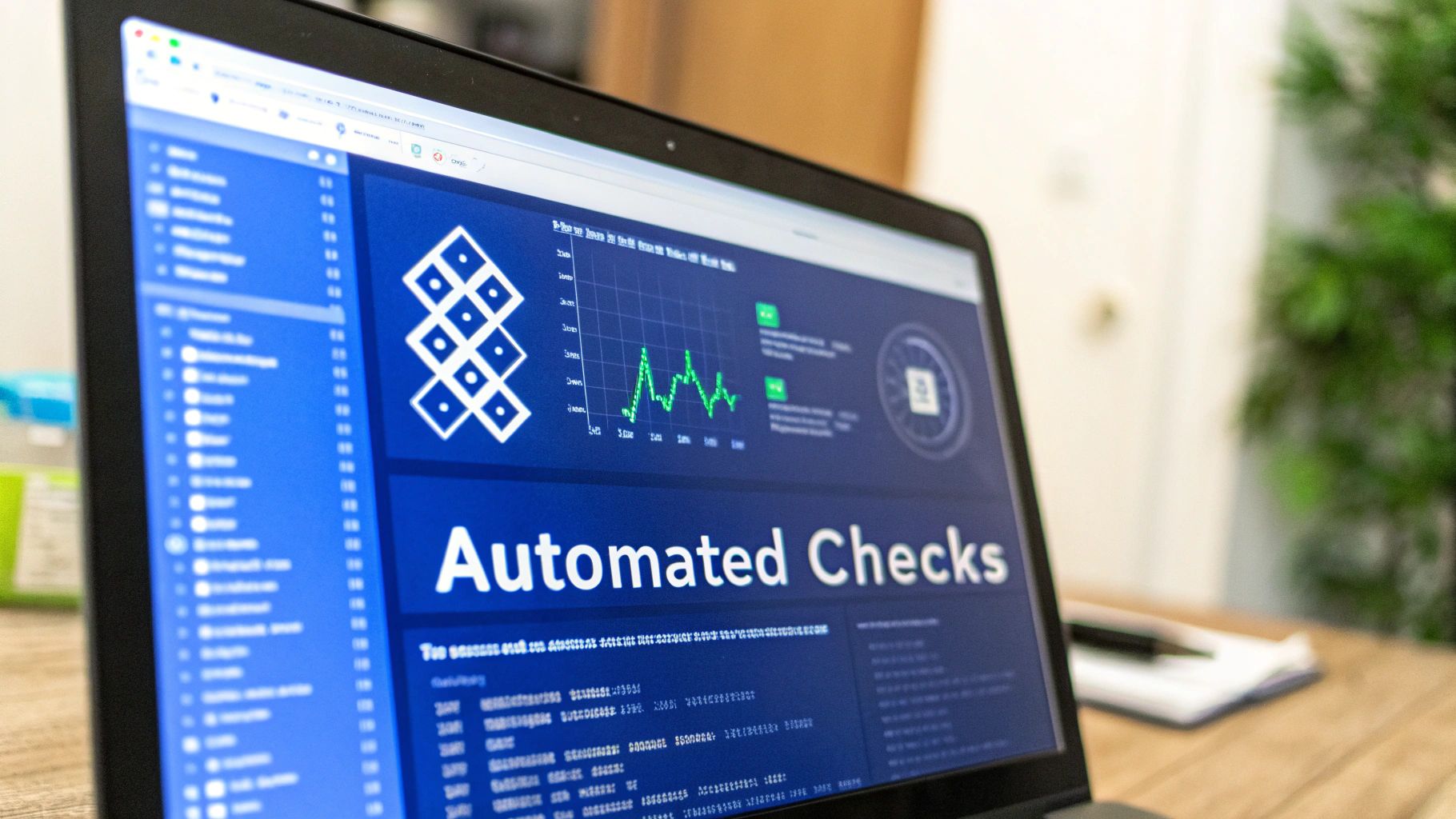 A laptop screen displays a dashboard with "Automated Checks", a green line graph, and code snippets.