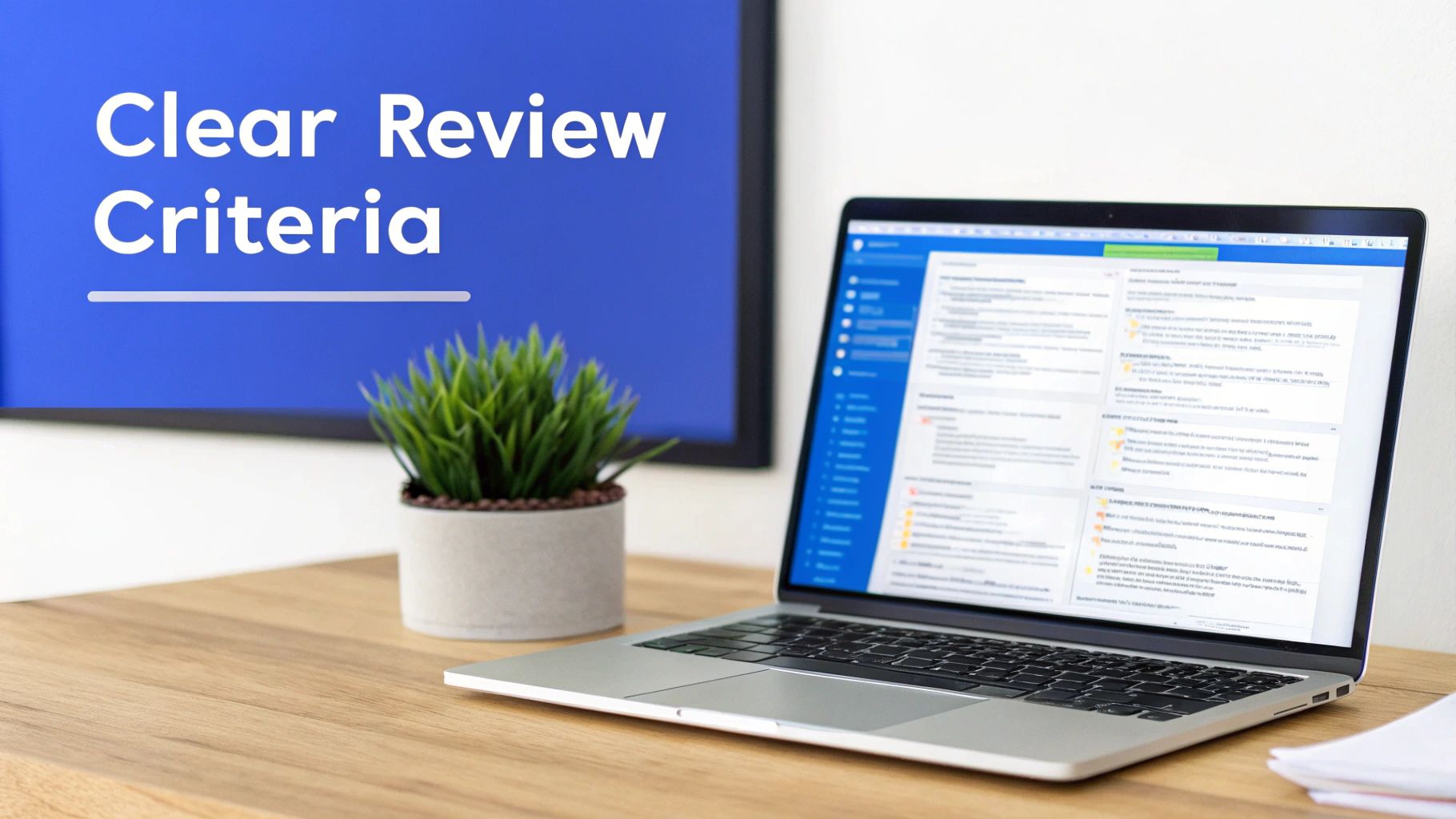 Laptop on a wooden desk with a plant, blue screen showing 'Clear Review Criteria'.