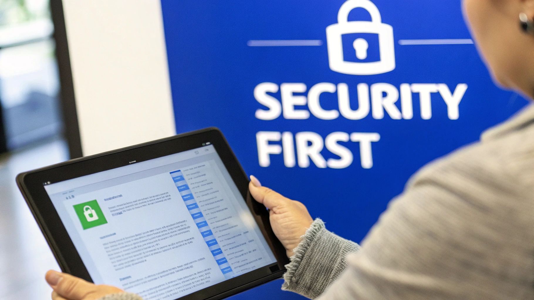 Person using a tablet displaying a security lock icon, with a 'SECURITY FIRST' sign in the background.