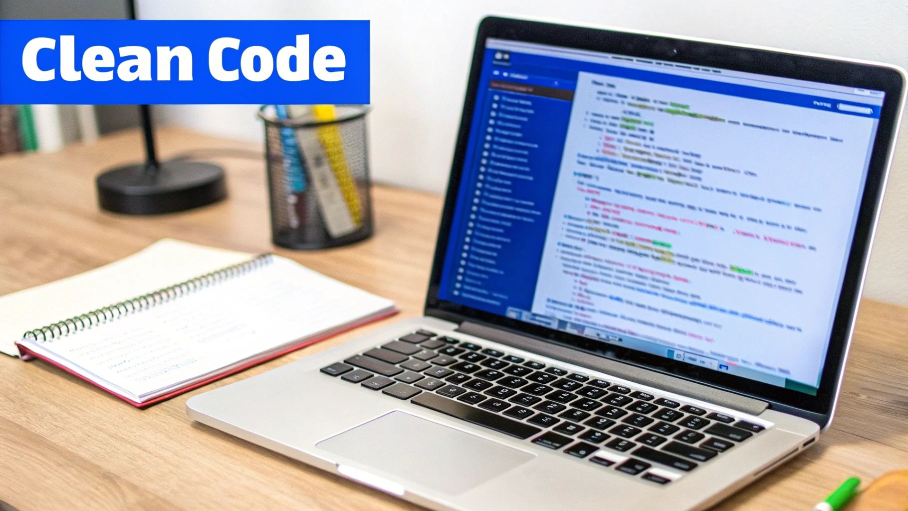 Laptop displaying colorful code on screen with notebook and pens on wooden desk