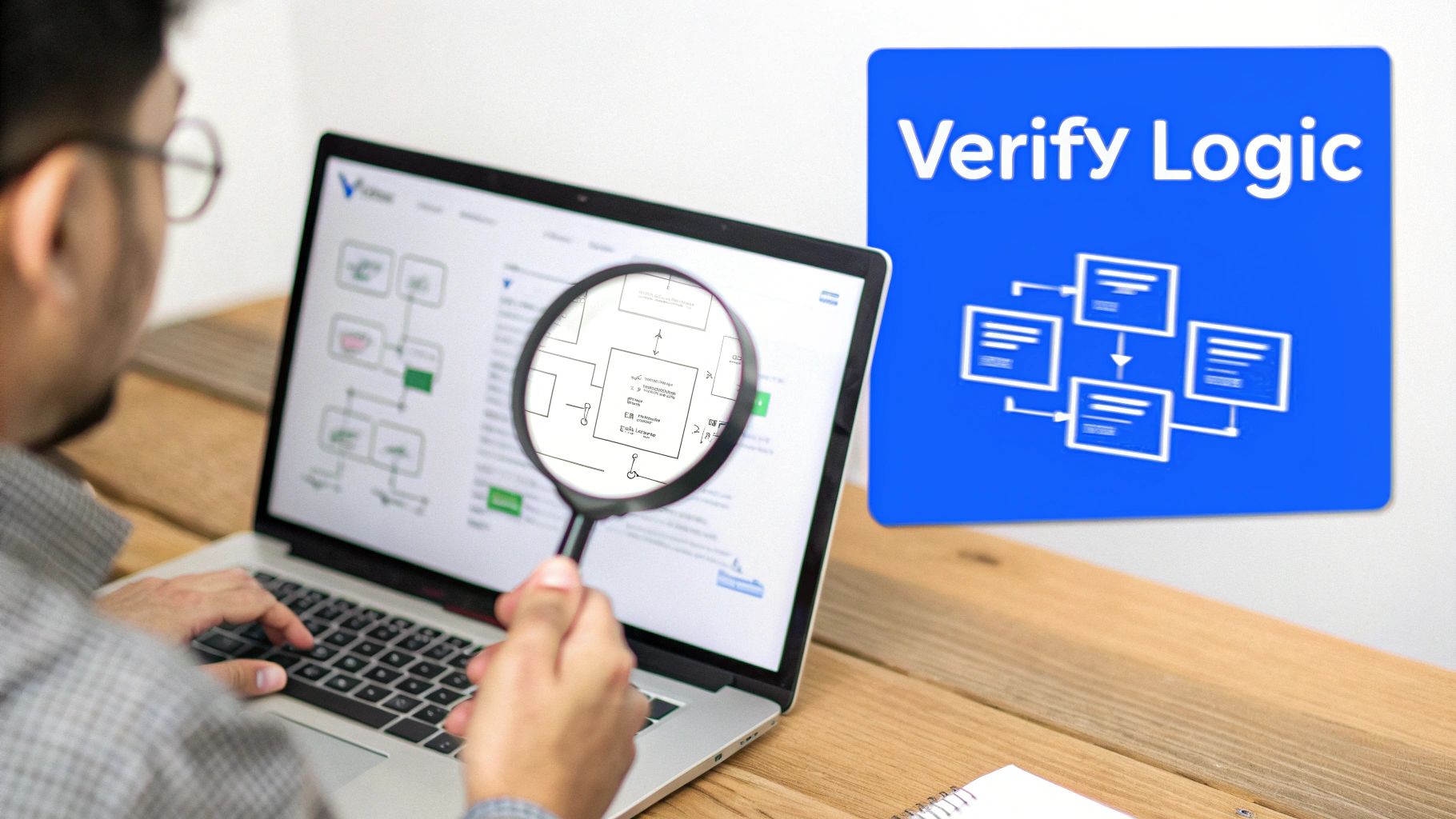 Developer examining software logic flowchart on laptop screen with magnifying glass for code verification