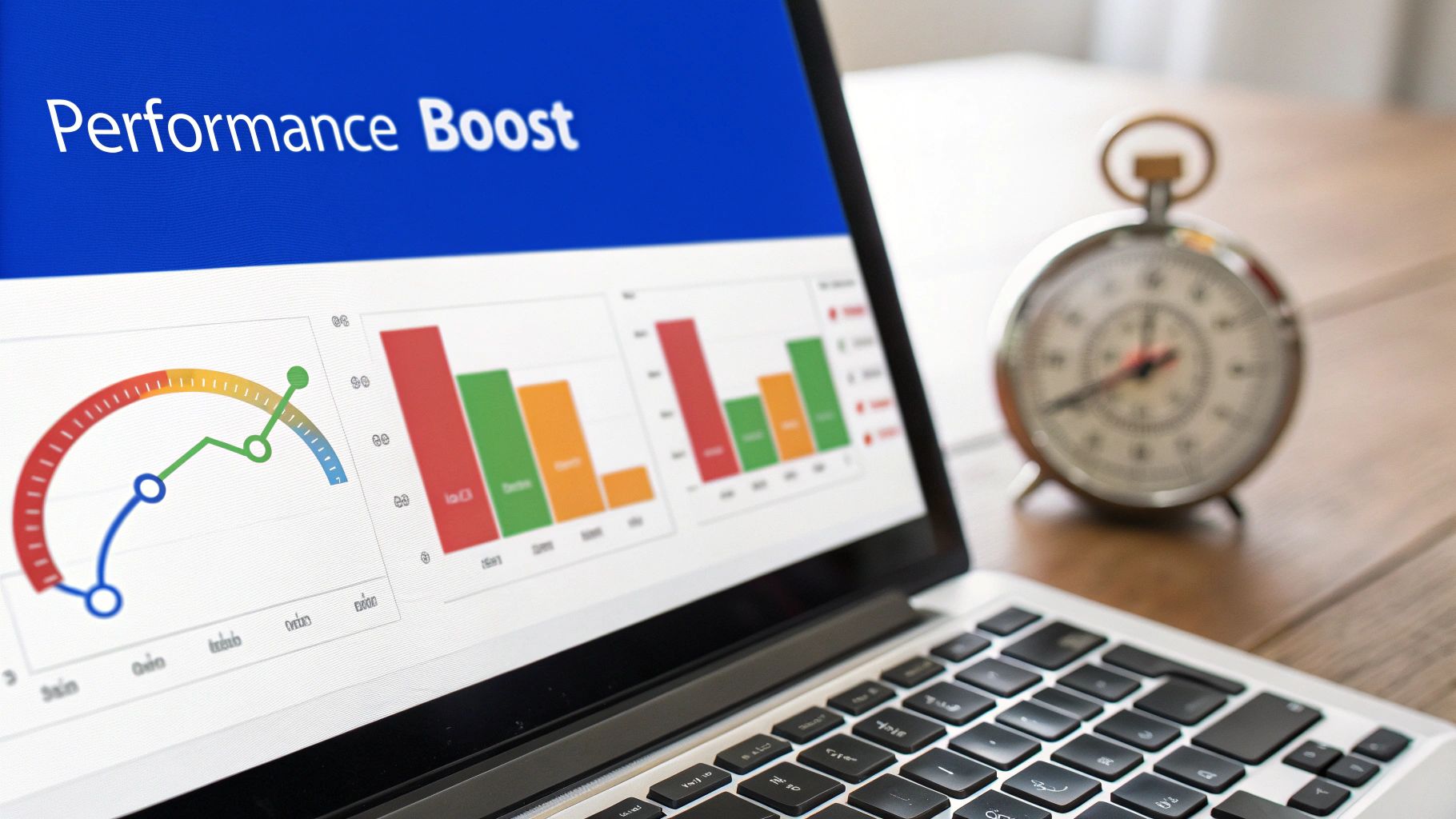 Laptop displaying performance boost dashboard with colorful charts, graphs and speedometer gauge next to stopwatch