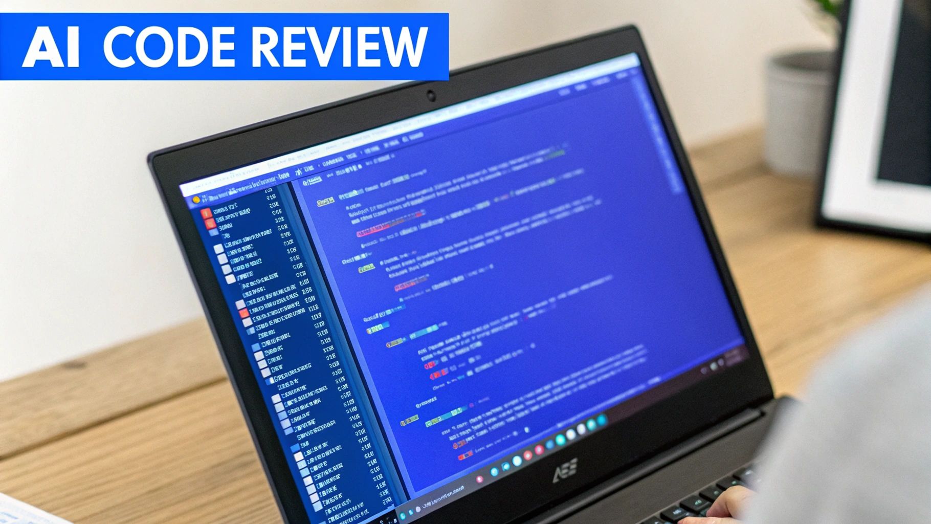 A person works on a laptop displaying dark mode code, with an 'AI CODE REVIEW' banner above.