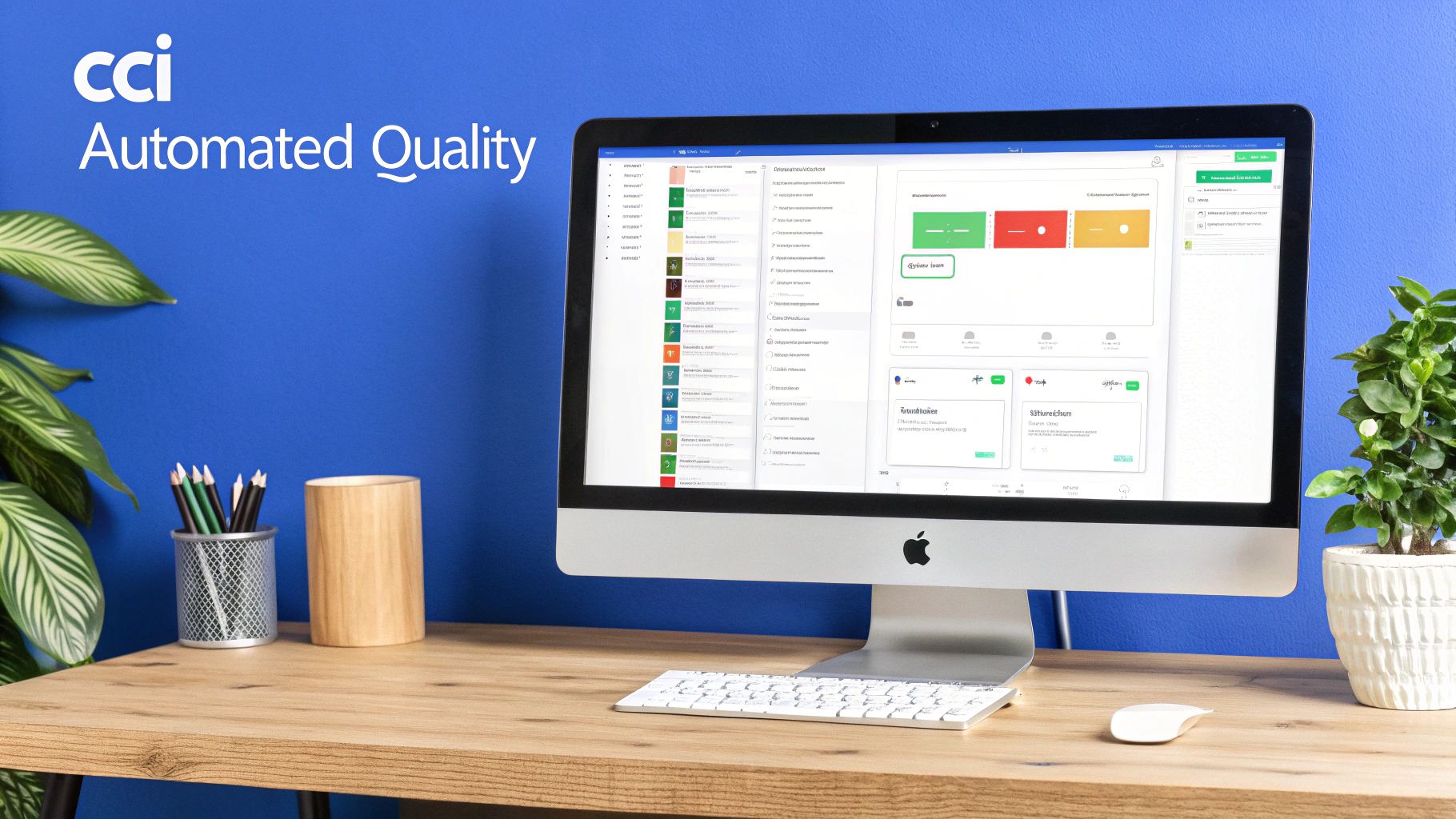 Workspace with an Apple iMac showing cci Automated Quality software, plants, and desk accessories.