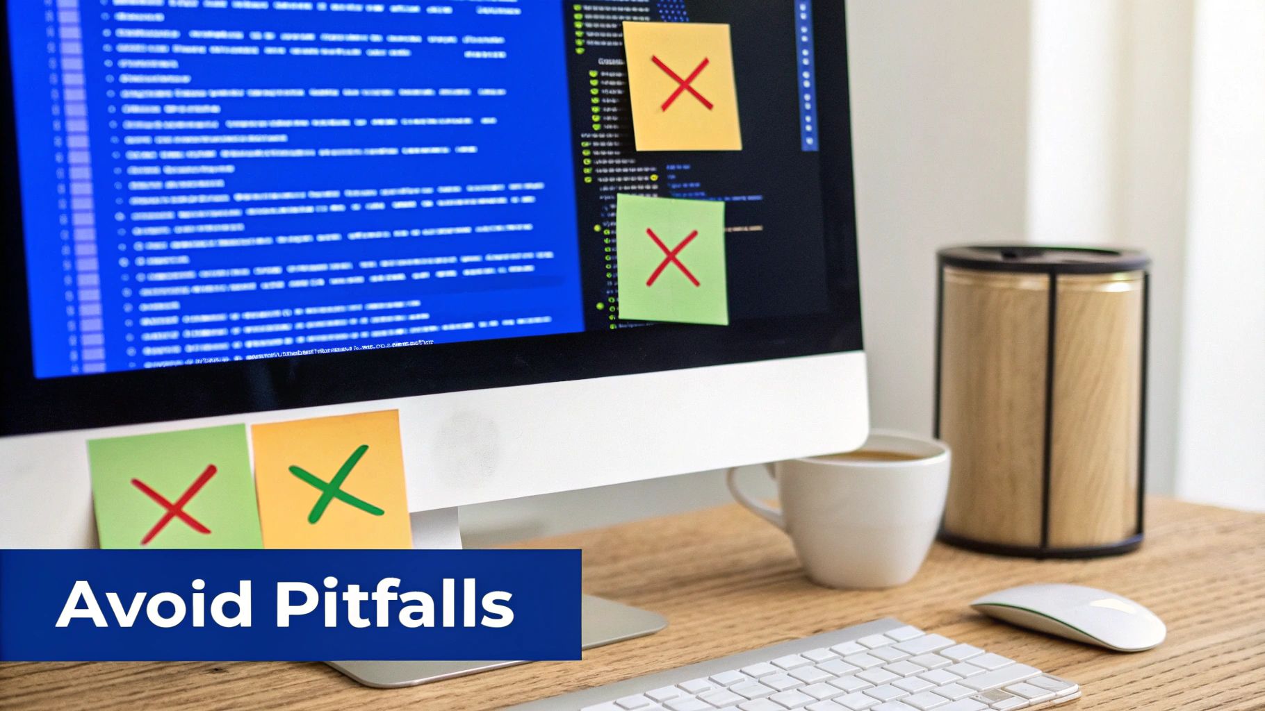 A computer screen displays C# code with sticky notes marked 'X' for errors. Text reads 'Avoid Pitfalls'.